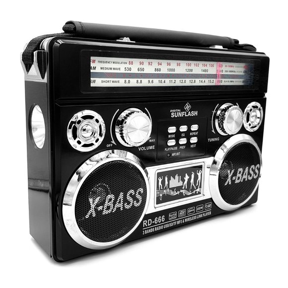 Black Portable Retro AM/FM/SW 3-Band Radio With Bluetooth & Flash Light Boombox - Picture 2 of 7